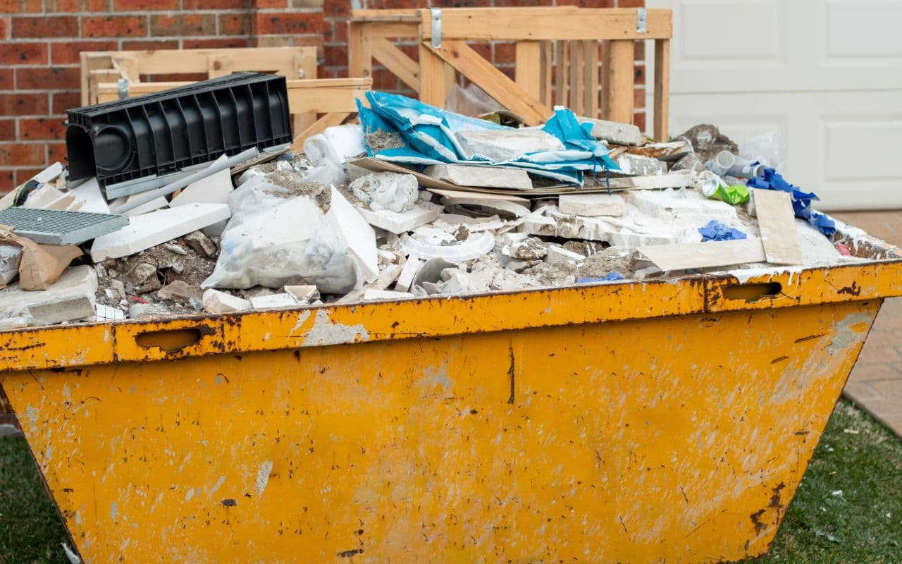 Concrete and brick rubble debris on construction site after a demolition